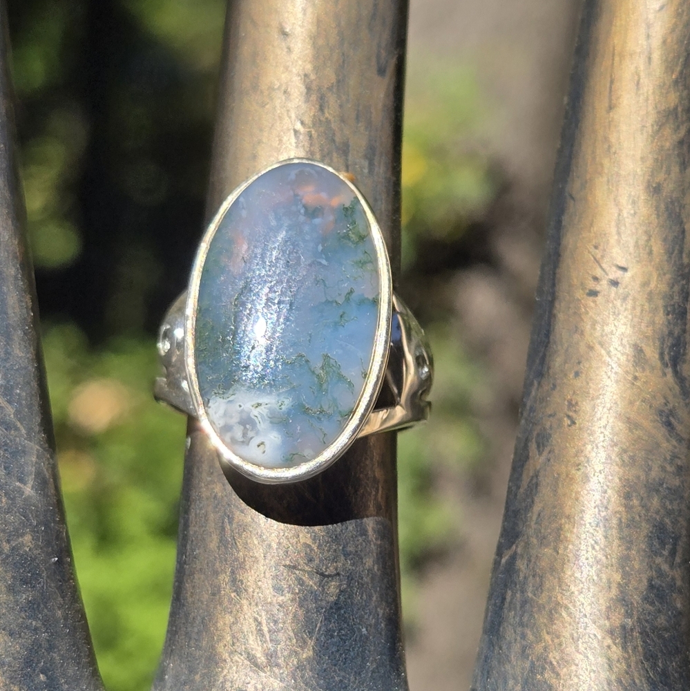 HOST PICK! 🎉🎊 Moss Agate & Topaz Natural Gemstone Sterling Ring Sz8 - Picture 3 of 11